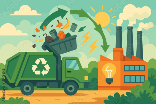 Recycling truck collecting garbage for waste-to-energy conversion. Sustainable power generation plant, eco-friendly process. Circular economy, green technology, environmental concept vector.