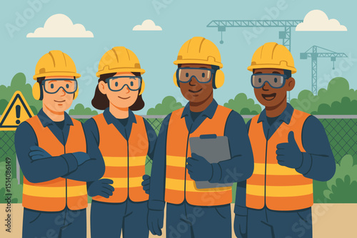 Safe construction workers team illustration. Diverse group of men and woman in protective gear, hard hats, safety vests. Building site, industry professionals, teamwork, collaboration concept.
