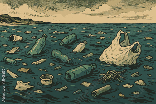 Ocean pollution crisis depicted in vintage illustration. Plastic bottles, bags, and waste contaminating sea water. Environmental disaster, marine debris, ecological threat concept.