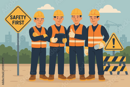 Safety first construction. Worker team in hard hats, safety vests. Building site job. Industrial safety compliance. Hazard warning signs. Construction crew protection. Vector group.