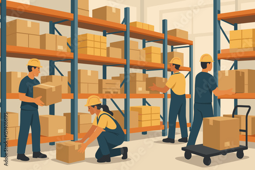 Warehouse workers. Organizing boxes, packages. Industrial shelves. Logistics team. Men, women, hardhats. Inventory management. Storage. Supply chain. Distribution. Fulfillment. Vector.