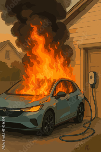 EV fire electric car charging. Home station battery explosion. Danger, risk, safety concerns. Modern transportation technology malfunction. Automotive hazard. Catastrophic failure illustration.