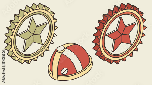 Isometric Illustration of Interlocking Star Gears and Domed Object