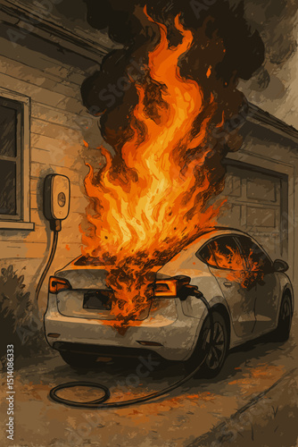 Electric car fire hazard, EV ablaze while charging at residential home station. Risk of battery explosion, intense flames, smoke. Automotive safety failure concept. Danger sketch illustration.