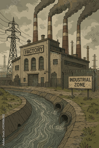 Old factory illustration, industrial zone with smoking chimneys and wastewater discharge. Vintage design depicting pollution, manufacturing, environmental damage, and energy production.