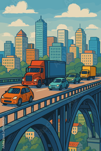 Bustling city traffic on a modern arch bridge with vibrant skyline. Urban transportation illustration with cars, trucks. Downtown commute, logistics, and city life concept. Retro cartoon vector art.