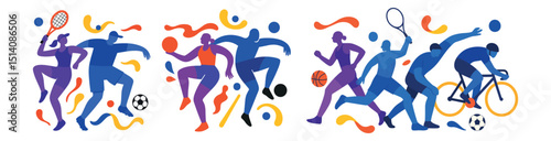 Bright energetic composition with athletes in action, designed in flat doodle silhouette style