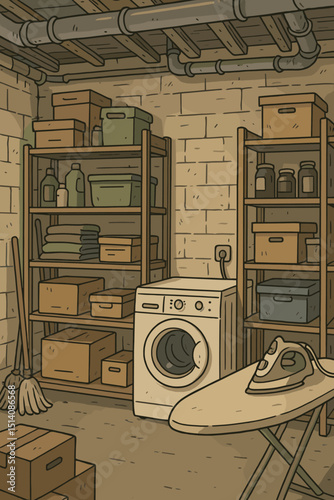 Retro basement laundry room interior vector illustration. Washing machine, ironing board, storage shelves, household chores, home organization, utility room, cartoon drawing concept.