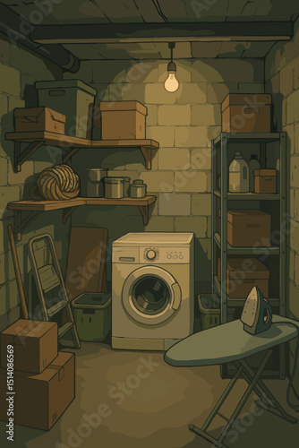Illustrated basement laundry room interior with vintage washing machine, ironing board, storage shelves, and boxes. Dimly lit, retro atmosphere for household chores and domestic utility concepts.