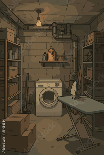 Basement laundry room vector illustration. Vintage aesthetic showing washing machine, ironing board, iron, detergent, storage. Domestic chores, utility space, home interior design concept.