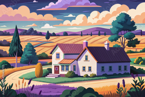 Summer village landscape with house vector illustration, fields, trees, sky with clouds cartoon