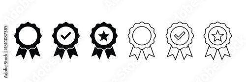 Badge with ribbon icon collection. Ribbon, Badges with star, Tick mark symbol. Vector Illustration.
