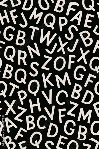 Abstract random letter pattern background. Seamless typography design with chaotic jumbled white alphabet characters on black. Monochrome typographic texture, lettering art for modern graphics.