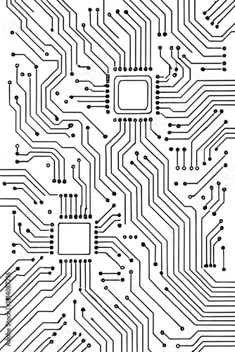 Circuit board digital tech background. CPU microchip electronics. Vector schematic futuristic network. Abstract monochrome lines pathways. Data processing system. Engineering innovation concept.