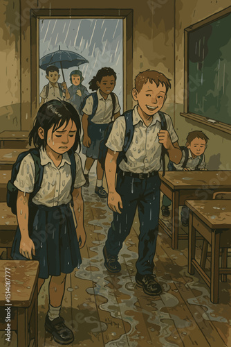 Rainy day school. Soaked students in wet uniforms enter classroom. Dripping water, puddles on floor. Diverse children, sad girl, cheerful boy, umbrella. Education, childhood, weather. Illustration.