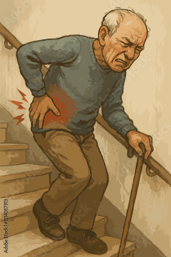 Elderly man back pain climbing stairs. Senior health problem. Old age mobility. Ascending steps, cane. Healthcare. Physical difficulty. Chronic ache. Discomfort. Sickness. Illustration. Vector.