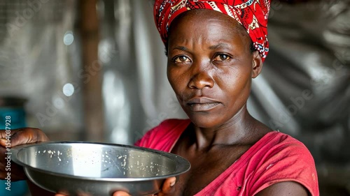 Silent Plea: A compelling portrait of an African woman holding an empty bowl, her somber eyes conveying a profound message of hunger and hardship.
