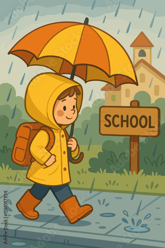 Cute child in yellow raincoat and orange boots walks to school with an umbrella on a rainy day. Happy student with backpack. Vector illustration for childhood, autumn weather, and education.
