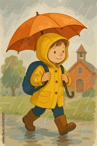 Charming watercolor illustration: Child with orange umbrella walking in rain. Boy in yellow raincoat, boots, backpack going to school. Happy kid, autumn day, puddles, schoolhouse. Nostalgic.