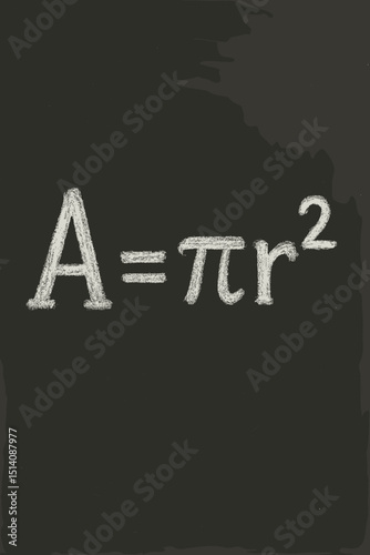 Circle area formula A = πr² handwritten with white chalk on textured blackboard. Mathematics education, geometry concept, school science lesson. Algebraic equation, pi symbol, radius squared.