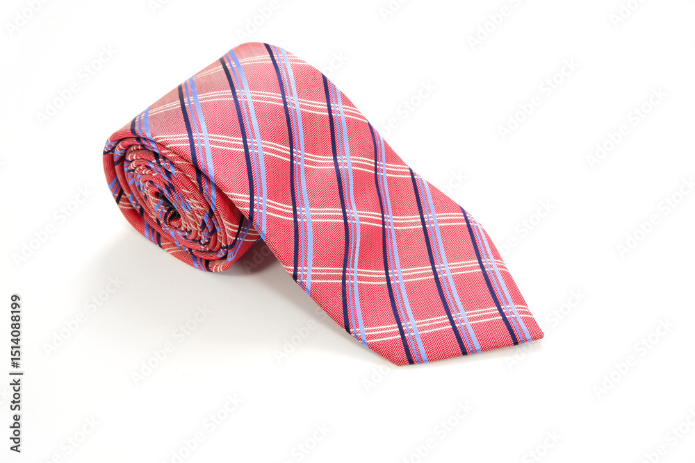 checked pattern red tie rolled on white background closeup view checked pattern red tie rolled on white background closeup view