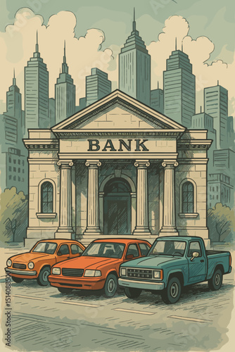 Retro drawing style bank building in city financial district, vintage cars parked. Urban architecture illustration, savings, investment, economy concept. Classic financial institution facade.