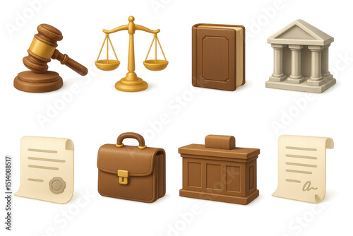 Legal symbol icons set – 3d style, justice and law related graphic elements