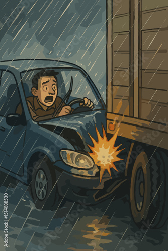 Car crash in heavy rain illustration. Shocked driver in vehicle collision with truck. Road safety, danger, insurance claim, traffic accident concept. Stormy weather, hazardous driving conditions.