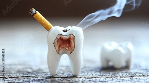 Smoking cigarette transforming into a decaying tooth surreal concept symbolic artwork anti smoking awareness