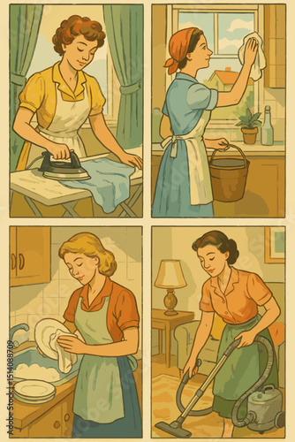 Vintage housewives performing household chores vector illustration, women ironing, washing dishes, cleaning windows, vacuuming, retro domestic cleaning activities, home care, vintage lifestyle