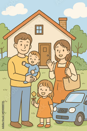 Happy family illustration. Parents, daughter, baby at suburban house with car. Home ownership. New home. Togetherness. Childhood. Parenthood. Love. Joy. Cute cartoon characters. Family life.