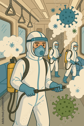 Subway sanitation team in hazmat suits disinfecting public transport. Cleaning crew spraying disinfectant to prevent virus and bacteria spread in metro train. Pandemic hygiene, public health concept.