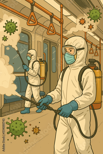 Sanitation team disinfecting subway train. Workers in hazmat suits spraying disinfectant, virus prevention. Public transport hygiene, health safety concept. Pandemic cleaning crew. Germs, bacteria.