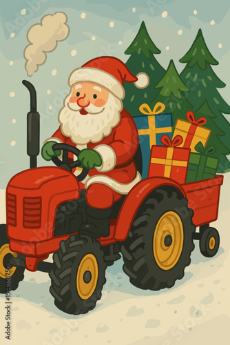 Santa Claus driving red tractor full of Christmas gifts. Festive holiday delivery in winter snow. Whimsical Father Christmas character. Vintage style illustration for Xmas greetings, children's fun.
