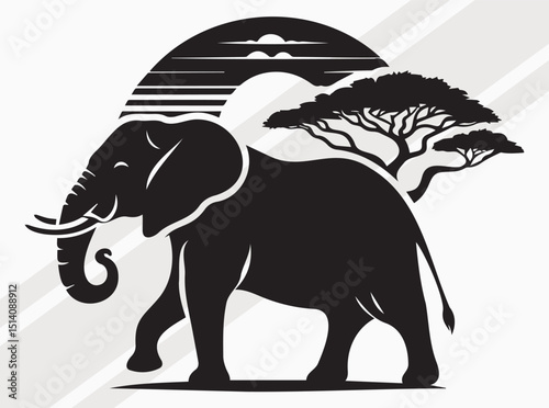 Majestic Elephant Silhouettes, Elephant SVG, Elephant With Wild Pattern SVG with African Trees for Wildlife and Nature