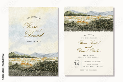 wedding invitation card with beautiful landscape watercolor background