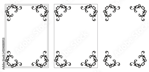 Corner frame, Black art deco frames. Set of doodle, frame design. Vintage ribbon line art corner sketch. Hand drawn coquette trendy cute wedding, menu, birthday invitation