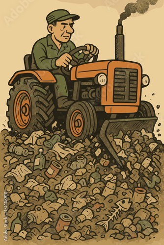 Man on tractor clearing debris, garbage pile. Vintage illustration style. Environmental protection, waste management crisis, pollution control, land cleaning efforts. Rubbish removal vector.