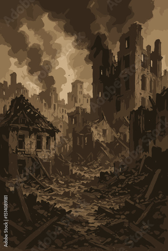 War-torn cityscape illustration. Destroyed city ruins with rubble, smoke, and damaged buildings. Apocalyptic aftermath of conflict. Sepia sketch depicting urban devastation. Historic battle scene.