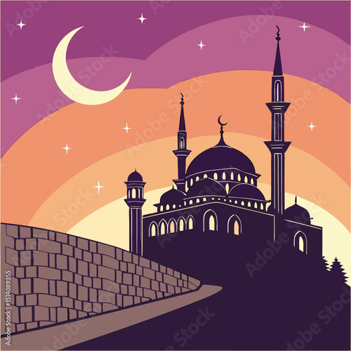 Twilight Mosque Scene with Domes Minarets and Vibrant Sunset Sky
