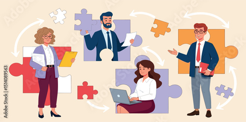 Business Teamwork Concept. Vector illustration in flat style of a group of diverse people in business suits putting together pieces of a puzzle. 
