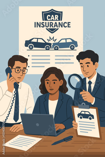 Car insurance claim investigation concept. Team of agents, adjuster working on auto accident policy. Customer support, office work with laptop, phone, paperwork. Vehicle collision report analysis.