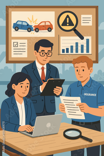 Car insurance claim investigation with agent, adjuster, and client reviewing documents. Accident assessment, policy analysis, financial protection, and risk management vector concept.