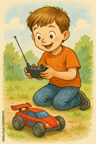 Happy boy playing with red remote control toy car outdoors. Childhood fun, imaginative play. Classic watercolor illustration of a kid with RC vehicle in park. Summer activity for children.