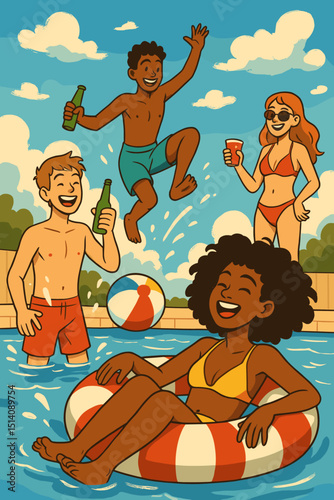 Vibrant summer pool party with diverse young friends having fun. People swimming, jumping, drinking, and relaxing on inflatables. Retro cartoon illustration style. Joyful summer vacation celebration.
