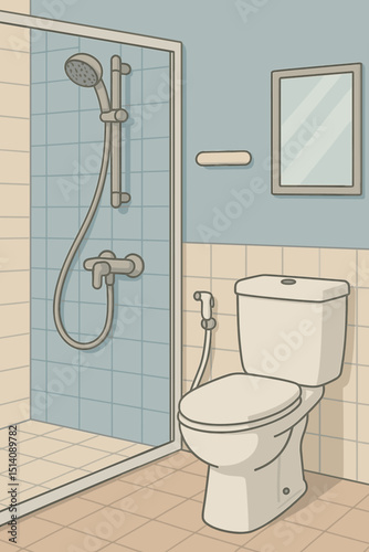 Bathroom interior design vector illustration. Modern minimalist washroom scene with shower stall, toilet, bidet sprayer, and mirror. Home hygiene, sanitary ware, and plumbing concept art.