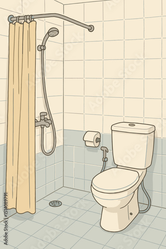Retro bathroom cartoon. Simple washroom interior with shower, curtain, toilet, toilet paper, bidet. Tiled walls & floor. Home hygiene, sanitation, plumbing. Vector art. Vintage drawing.