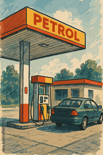 Retro illustrated petrol station with car refueling, hand-drawn sketch style. Vintage gas station design, roadside fuel pump. Automobile travel, transportation energy concept. Road trip art.