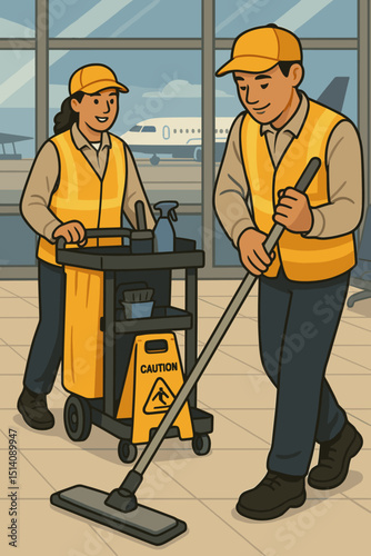 Airport cleaning crew, janitorial team at work in terminal. Man mopping floor, woman with sanitation cart. Professional hygiene service, caution wet floor sign, airplane backdrop. Vector illustration.
