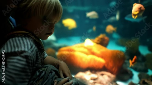 Mother and child observe colorful fish swimming in a large aquarium display, fascinated with coral reef ecosystems and marine life.